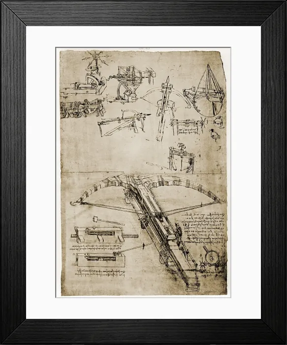 Framed Print : Page from the notebooks of Leonardo da Vinci (1452-1519) showing giant crossbow. Ca. 1500 Framed Print : Page from the notebooks of Leonardo da Vinci (1452-1519) showing giant crossbow. Ca. 1500
