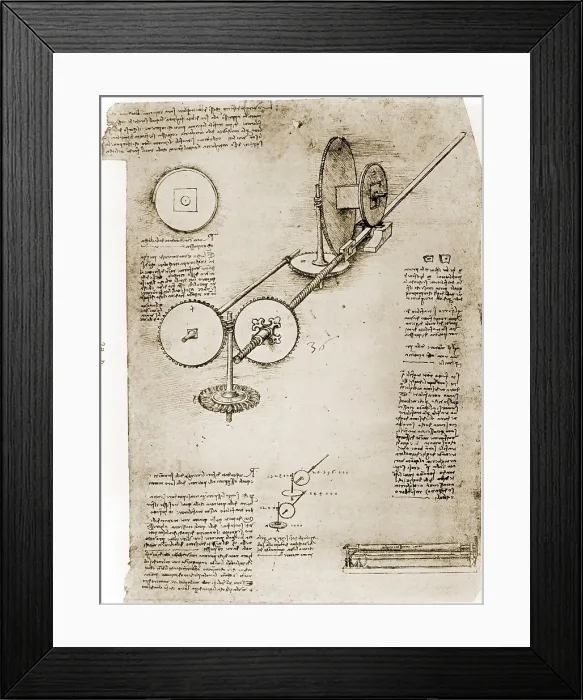 Framed Print : Page from the notebooks of Leonardo da Vinci (1452-1519) showing geared device assembled. Ca. 1500