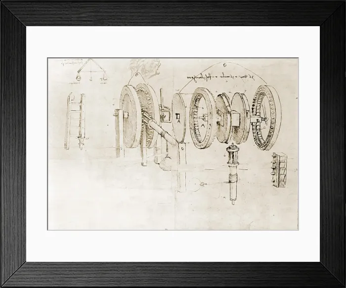Framed Print : Page from the notebooks of Leonardo da Vinci (1452-1519) showing a geared device disassembled. Ca. 1500