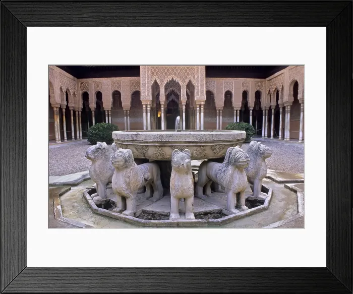 Framed Print : SPAIN. Granada. Alhambra. Alhambra, Nazari Palace. Court of the Lions, build in 1377 by Mohamed V. View of the fountain. Hispano-Moresque art. Nasrid dynasty