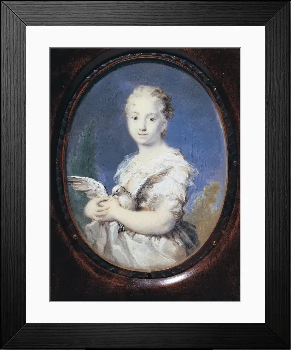 Framed Print : Young Lady with a Dove, by Rosalba Carriera, 1705, 18th Century, tempera on ivory, cm 15 x 10 - Italy, Lazio, Rome, National Academy of San Luca. All