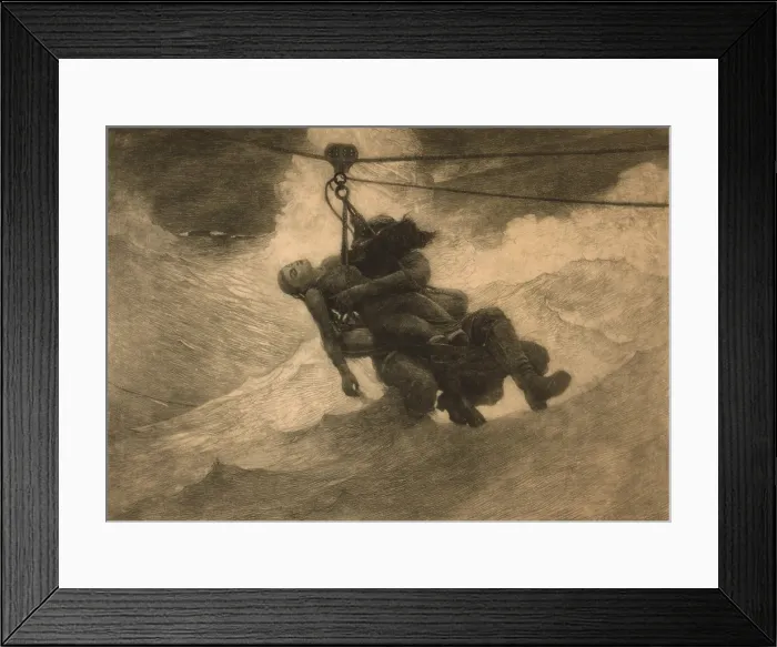 Framed Print : SAVED (1888), an etching by Winslow Homer (1836-1910), shows an unconscious woman being rescued from a stormy sea