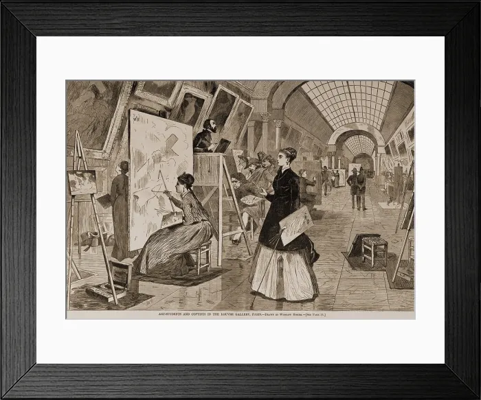 Framed Print : Art-students and copyists, among them many women, in the a long, sky-lit gallery of Louvre Museum in Paris