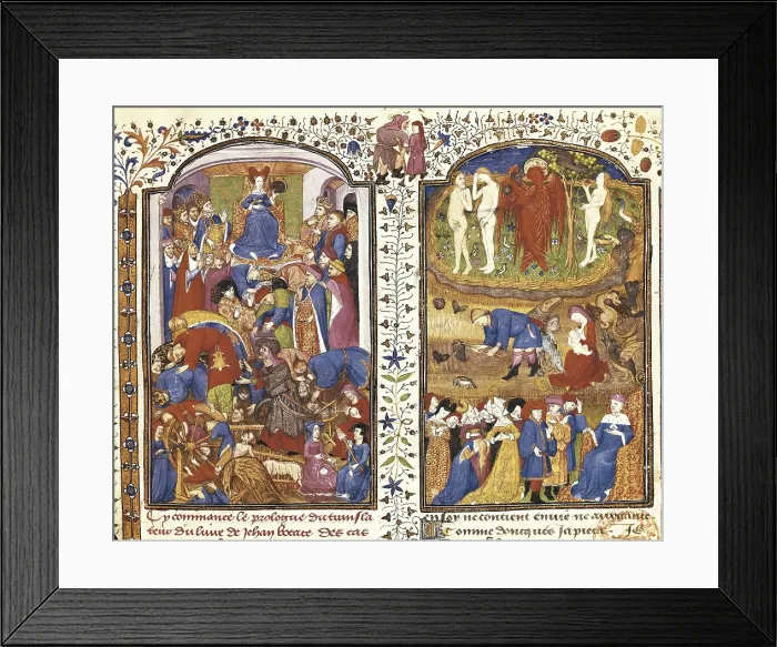 Framed Print : Ms 858 (487). Folio 1. Prologue. Allegory of Fortune and Adam and Eve in Garden of Eden Framed Print : Ms 858 (487). Folio 1. Prologue. Allegory of Fortune and Adam and Eve in Garden of Eden