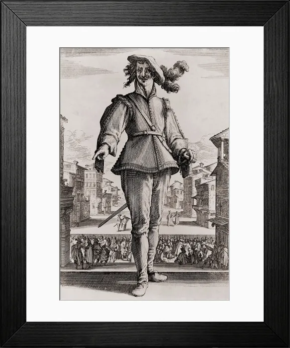 Framed Print : Capitano, a stock character in the Commedia dell'arte, with theatrical stage set and spectators in background Framed Print : Capitano, a stock character in the Commedia dell'arte, with theatrical stage set and spectators in background