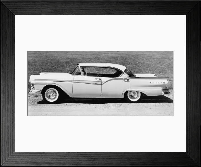 Framed Print : 1957 four-door Ford Victoria model of the Ford Fairlane 500. Late 1950 automotive style reached extremes, with emphatic sculpting, heavy chrome grills, and tailfins Framed Print : 1957 four-door Ford Victoria model of the Ford Fairlane 500. Late 1950 automotive style reached extremes, with emphatic sculpting, heavy chrome grills, and tailfins