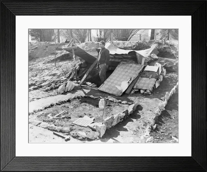 Framed Print : The Great Depression. An unemployed homeless man stands in the doorway of his rough, but orderly, dwelling in New York's Central Park in 1933