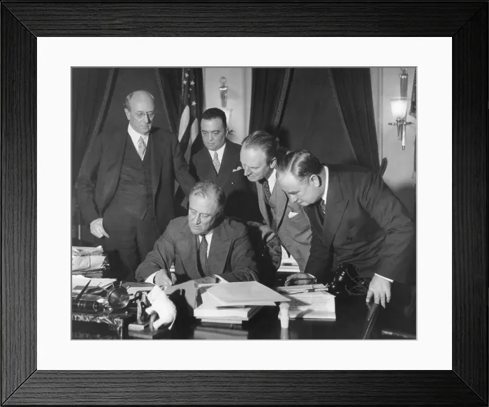 Framed Print : President Franklin Roosevelt signing the 1934 crime bill into law. Looking on from left: Attorney General Homer Cummings; J