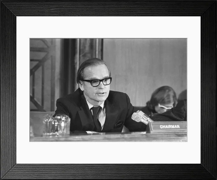Framed Print : Alan Greenspan testifying before a joint House-Senate Economic Committee, Jan. 6, 1975. Greenspan was then Chairman of the Council of Economic Advisers. - (BSLOC_2015_1_105)