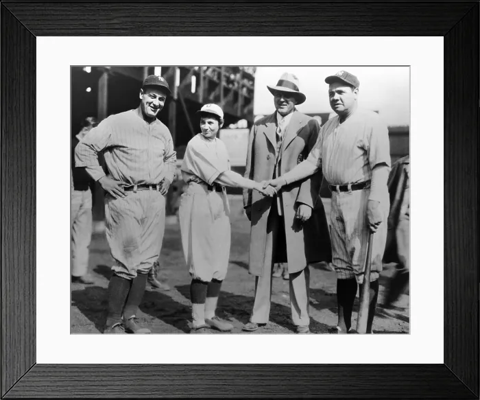 Framed Print : Female pitcher Jackie Mitchell, with Babe Ruth, Lou Gehrig (left) and Joe Engel. She pitched to them during a Yankees vs Framed Print : Female pitcher Jackie Mitchell, with Babe Ruth, Lou Gehrig (left) and Joe Engel. She pitched to them during a Yankees vs
