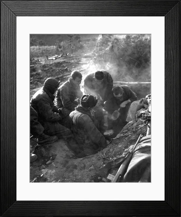 Framed Print : U.S. Soldiers a 7th Infantry Regiment go native, cooking rice in their foxhole in the Kagae-dong area, North Korea. Dec. 7, 1950. Korean War, 1950-53. (BSLOC_2014_11_69) Framed Print : U.S. Soldiers a 7th Infantry Regiment go native, cooking rice in their foxhole in the Kagae-dong area, North Korea. Dec. 7, 1950. Korean War, 1950-53. (BSLOC_2014_11_69)
