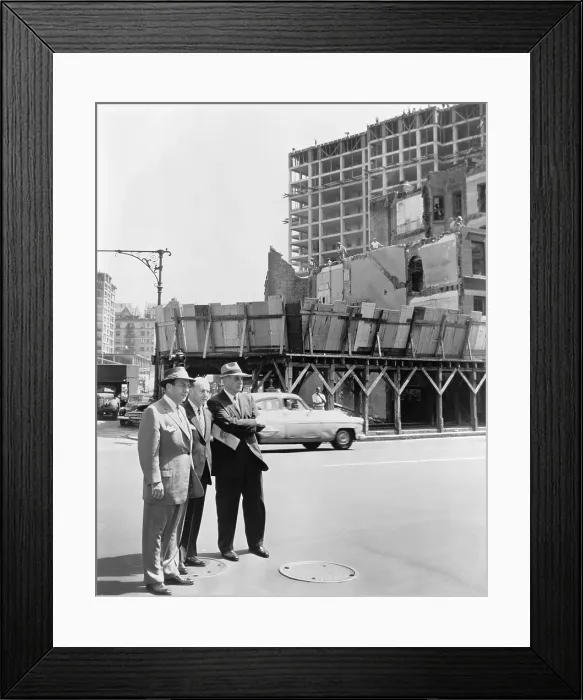 Framed Print : Mayor Robert Wagner (right), Robert Moses (left) and Frank Meistrell (center) on a housing project tour in New York City in 1956