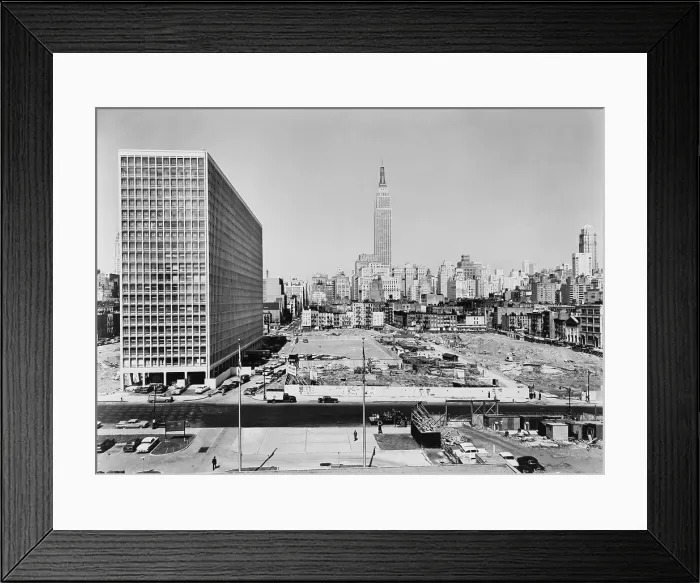 Framed Print : Kip's Bay Suite construction project, showing finished modern apartment building by Architect I.M. Pei and foundations for additional buildings, New York City in 1961 Framed Print : Kip's Bay Suite construction project, showing finished modern apartment building by Architect I.M. Pei and foundations for additional buildings, New York City in 1961