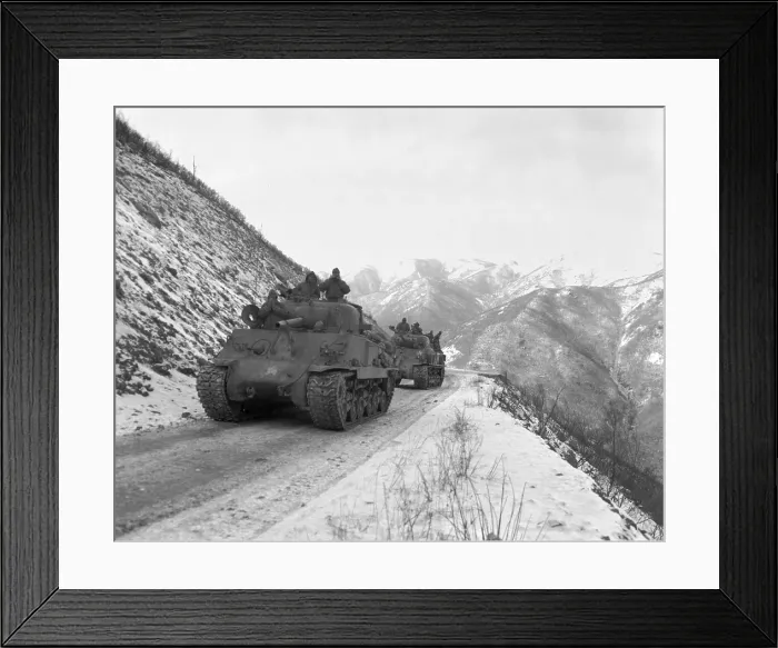 Framed Print : M-4A3 Sherman tank convoy travels along a well graded but narrow road coming up Funchilin Pass on Nov. 19, 1950 Framed Print : M-4A3 Sherman tank convoy travels along a well graded but narrow road coming up Funchilin Pass on Nov. 19, 1950