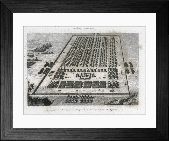 Framed Print : Conquest of Hispania (218 BC-19 BC). Roman militia. A Roman encampment in times of the Roman invasion of Spain. Copper engraving by A. Roca ca. 1840. Engraving. - J Framed Print : Conquest of Hispania (218 BC-19 BC). Roman militia. A Roman encampment in times of the Roman invasion of Spain. Copper engraving by A. Roca ca. 1840. Engraving. - J