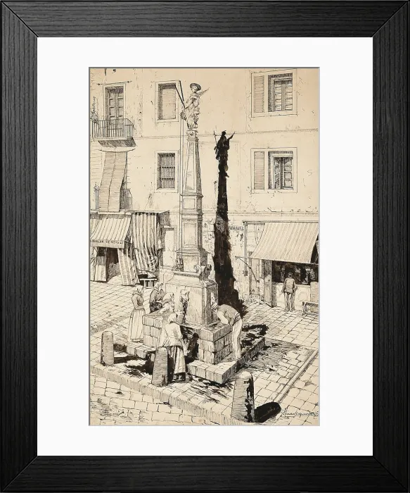 Framed Print : Barcelona (1887). Padro Square. Fountain and monument to Saint Eulalia. Illustration by Arcadio Casanovas. Etching. SPAIN. Barcelona. Barcelona City History Museum. - M