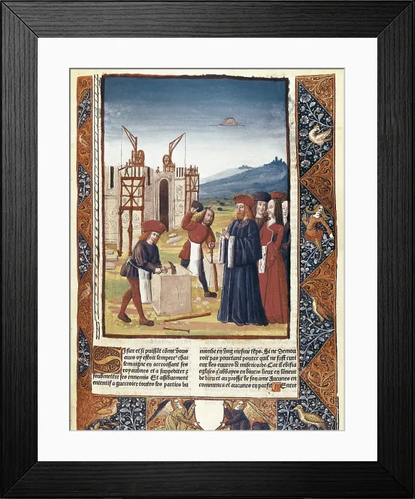 Framed Print : Charlemagne visiting the construction works of Aix la Chapelle, in 796 BC. Illustration from 'Grandes Chroniques de France', edition by Antoine Verard (15th century)
