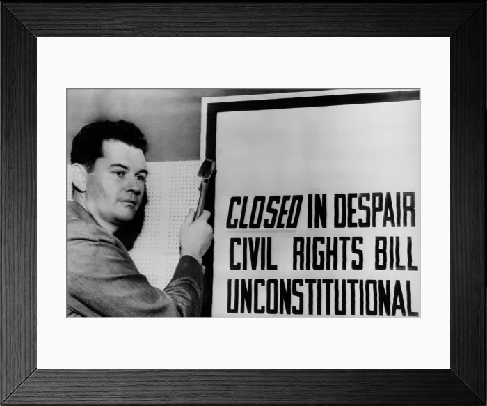 Framed Print : Sid Kelly of Jackson, Mississippi, nails up Closed-In despair-Civil Rights Bill unconstitutional sign at Robert E Framed Print : Sid Kelly of Jackson, Mississippi, nails up Closed-In despair-Civil Rights Bill unconstitutional sign at Robert E