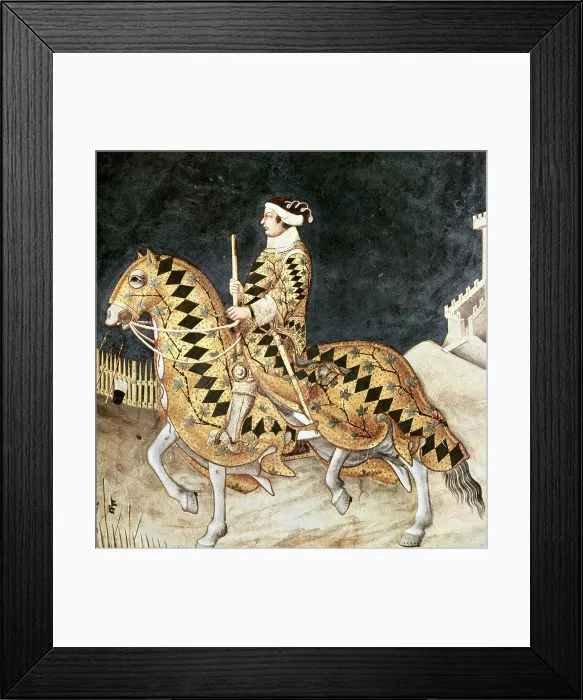 Framed Print : MARTINI, Simone di Martino, called Simone (1284-1344). Equestrian portrait of Guidoriccio da Fogliano. 1328-1330. ITALY. Siena. Public Palace. Upper center detail Framed Print : MARTINI, Simone di Martino, called Simone (1284-1344). Equestrian portrait of Guidoriccio da Fogliano. 1328-1330. ITALY. Siena. Public Palace. Upper center detail