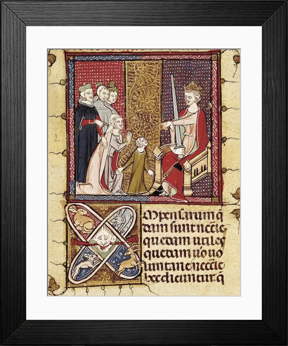 Framed Print : Family law: a child and the King Judge. 15th century. Gothic art. Miniature Painting. SPAIN. San Lorenzo de El Escorial. Royal Library of the Monastery of El Escorial