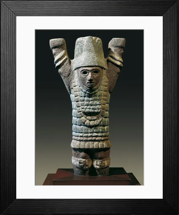 Framed Print : Atlantis or warrior with arms raised. Polychrome stone sculpture. Toltec art. Sculpture. MEXICO. Mexico City. National Museum of Anthropology. Proc: MEXICO. Xochicalco