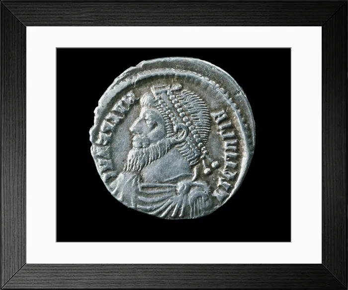 Framed Print : Julian the Apostate (331-363). Roman emperor (361-363). Maiorina (bronze coin of the Roman Empire) Emperor's effigy. Roman art. Coin Framed Print : Julian the Apostate (331-363). Roman emperor (361-363). Maiorina (bronze coin of the Roman Empire) Emperor's effigy. Roman art. Coin