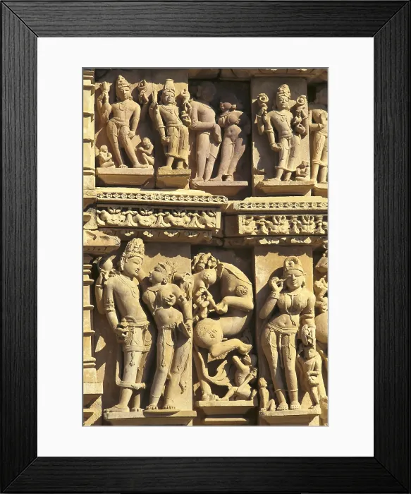 Framed Print : INDIA. Khajraho. Jain Temple of Parsvanatha, 10-11th c. Frieze of the facade with Vishnu and Lakshmi. Hindu art. Chandella period. Architecture; Sculpture