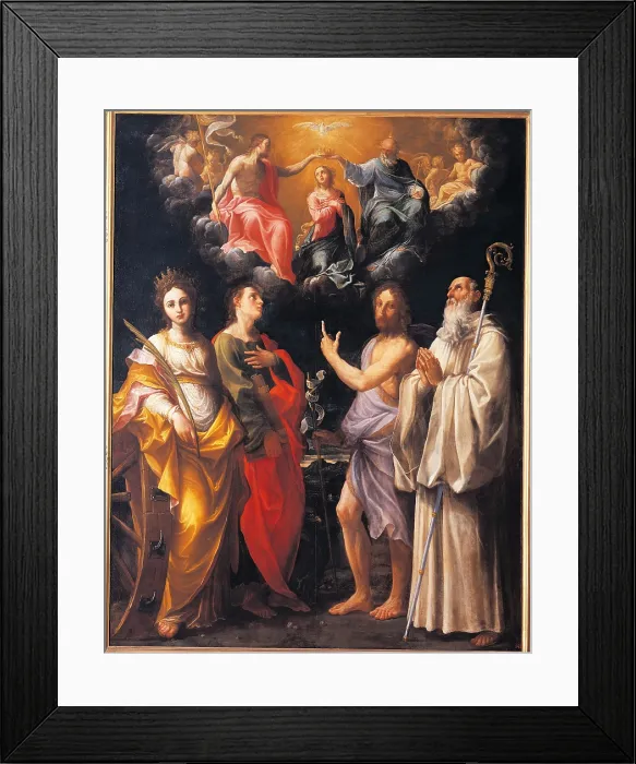 Framed Print : Coronation of the Virgin with Four Saints, by Guido Reni, 1595 - 1596, 16th Century, oil on canvas, cm 253 x 197 - Italy, Emilia Romagna, Bologna, National Picture Gallery. All