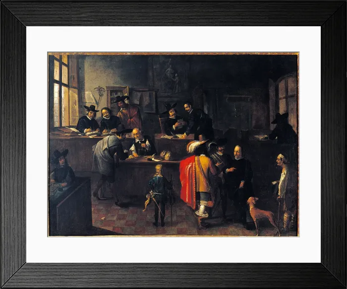 Framed Print : Interior Scene (probably a banque), by Anonymous artist, 1650 about, 17th Century, oil on canvas, cm 87 x 121 - Italy, Lazio, Rome, Palazzo Koch, Banca dItalia Collection. All