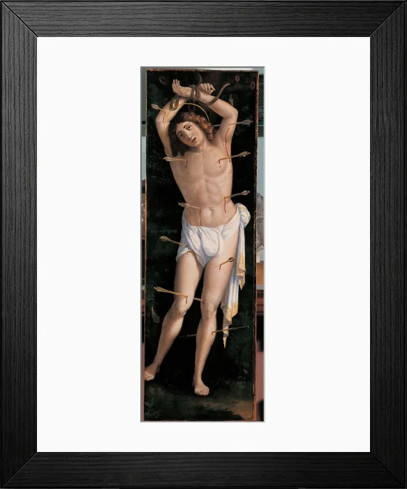 Framed Print : St Sebastian, by workshop of Lorenzo the Elder Costa, 16th Century, oil on panel, cm 135 x 44 - Italy, Lazio, Rome, Palazzo Koch, Banca dItalia Collection. All Framed Print : St Sebastian, by workshop of Lorenzo the Elder Costa, 16th Century, oil on panel, cm 135 x 44 - Italy, Lazio, Rome, Palazzo Koch, Banca dItalia Collection. All
