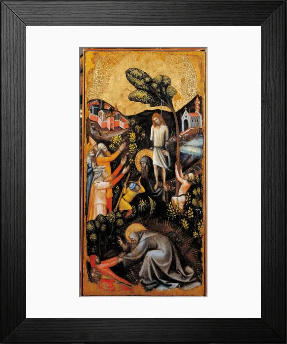 Framed Print : St Anthony the Abbot holds Effrons body St Anthony the Abbot resuscitates three men killed by the wild animals, by Vitale degli Equi known as Vitale da Bologna, 1340 about Framed Print : St Anthony the Abbot holds Effrons body St Anthony the Abbot resuscitates three men killed by the wild animals, by Vitale degli Equi known as Vitale da Bologna, 1340 about