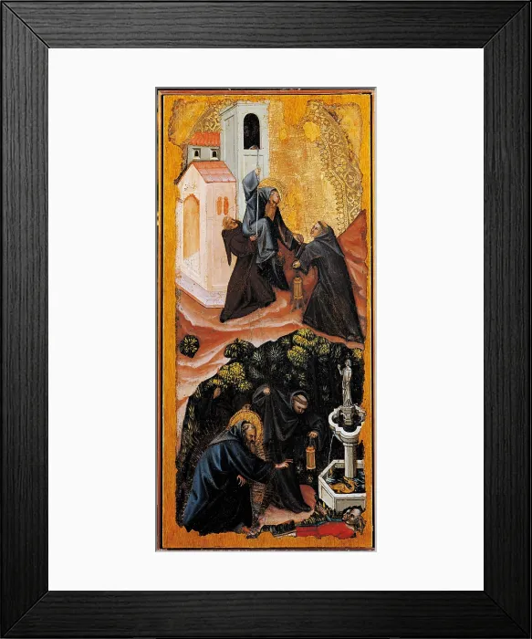 Framed Print : St Anthony the Abbot leaves the Monastery of Patras St Anthony the Abbot defeats the dragon that appears in a source, by Vitale degli Equi known as Vitale da Bologna, 1340 about