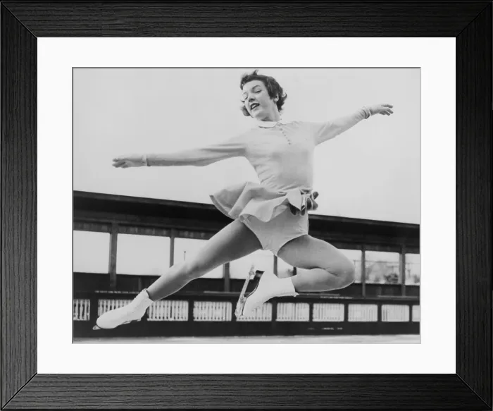 Framed Print : Tenley Albright, figure skater, in mid-air leap, 1954. In 1956 she became the first American to win the Olympic Women's Figure skating gold medal. - (BSLOC_2015_1_125) Framed Print : Tenley Albright, figure skater, in mid-air leap, 1954. In 1956 she became the first American to win the Olympic Women's Figure skating gold medal. - (BSLOC_2015_1_125)