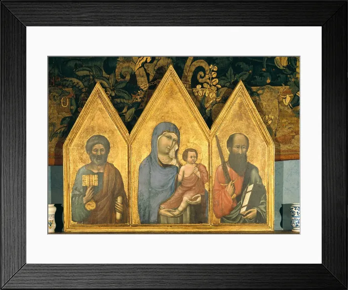 Framed Print : Triptych of the Madonna and the Child between St Peter and St Paul, by Lippo di Benivieni, 1300 - 1330 about, 14th Century, panel gold ground, - Italy, Tuscany, Florence Framed Print : Triptych of the Madonna and the Child between St Peter and St Paul, by Lippo di Benivieni, 1300 - 1330 about, 14th Century, panel gold ground, - Italy, Tuscany, Florence