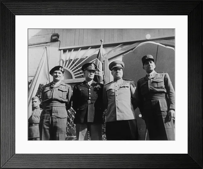 Framed Print : Generals Montgomery, Eisenhower, Zhukov, and de Lattre de Tassigny in Berlin, 1945. They met after the German surrender ending World War 2 in Europe Framed Print : Generals Montgomery, Eisenhower, Zhukov, and de Lattre de Tassigny in Berlin, 1945. They met after the German surrender ending World War 2 in Europe
