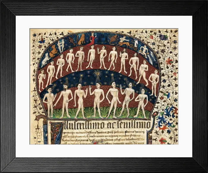 Framed Print : Zodiac Signs and group of men. Illustration on Folio 1 of medical treatise 'Fisiognomonia', 14th c