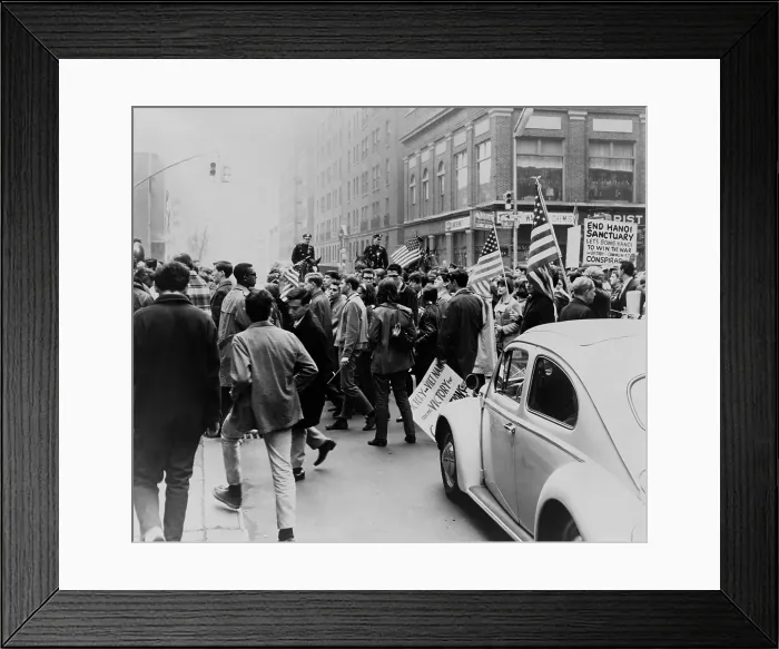 Framed Print : Pro-Vietnam War demonstrators. Counter-demonstrators, marching on New York City's Third Avenue with flags and placards supporting of the war in Vietnam. April 15, 1967