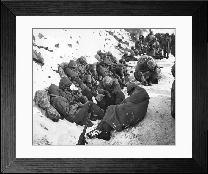 Framed Print : U.S. Marines catch a few moments rest during their withdrawal from the Chosin Reservoir. Dec. 6, 1950. Korean War, 1950-53. (BSLOC_2014_11_90)