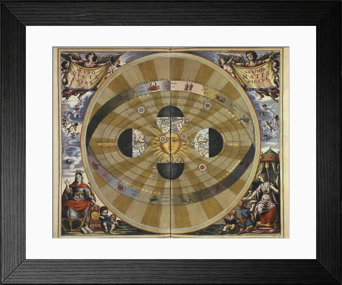 Framed Print : CELLARIUS, Andreas (1596-1665). Atlas Coelestis seu Harmonia Macrocosmica. 1661. Page 5. 'Scenographia Systematis Copernicani'. Copernicus heliocentric system
