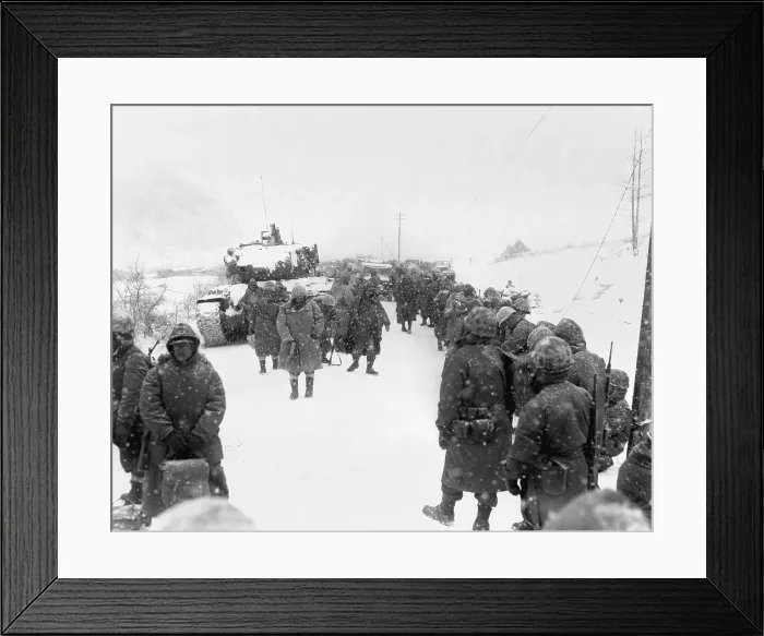 Framed Print : First Marine Division takes to the road on withdrawal from Koto-ri, south of the Chosin Reservoir. Ca. Dec 6-15, 1950. Korean War, 1950-53. (BSLOC_2014_11_91)