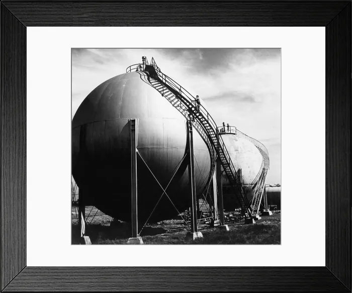 Framed Print : Horton Spheres at the Shell Oil plant in Montreal, Quebec, were used to make aviation gasoline during World War II. Ca. 1950s Framed Print : Horton Spheres at the Shell Oil plant in Montreal, Quebec, were used to make aviation gasoline during World War II. Ca. 1950s