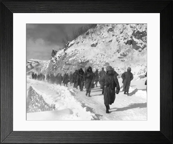 Framed Print : U.S. Marines march south from Kotori, withdrawing from the Chosin Reservoir in North Korea