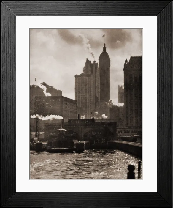 Framed Print : THE CITY OF AMBITION (1910), by Alfred Stieglitz, is a soft focus, pictorialist image of the New York City waterfront and skyscrapers. Photogravure from CAMERA WORK, no. 36, 1911