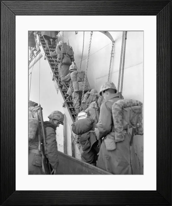 Framed Print : U.S. Marines board a ship for evacuation from Hungnam, North Korea, after their withdrawal from the Chosin Reservoir on Dec. 12, 1950