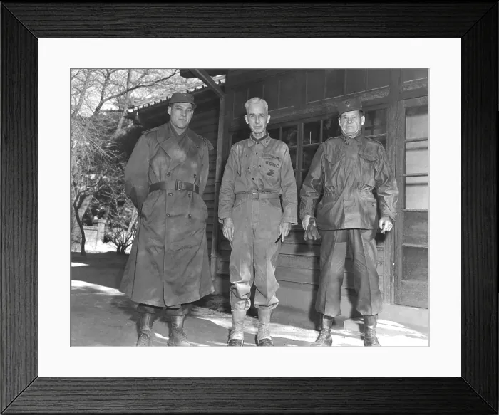Framed Print : Major General Oliver Smith with Lieutenant Colonel Ray Murray, left, and Colonel Lewis Puller, right, Christmas, 1950 Framed Print : Major General Oliver Smith with Lieutenant Colonel Ray Murray, left, and Colonel Lewis Puller, right, Christmas, 1950