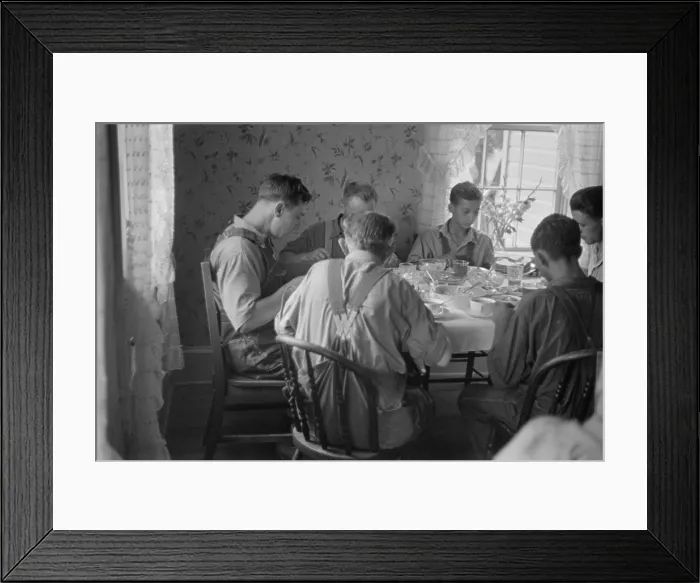 Framed Print : Old and young farmers having a full dinner during wheat harvest time, central Ohio. August 1938
