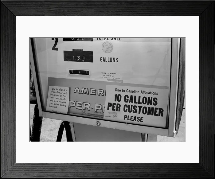 Framed Print : Gas pump restricting gas purchases to 10 gallons during the first Oil Crisis of 1973. Denver, Colorado, August 1973