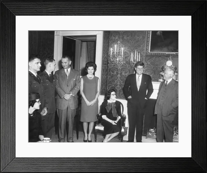 Framed Print : President John Kennedy meets with U.S. Air Force RB-47 pilots released from the Soviet Union. Capt. Freeman Olmstead, the co-pilot, and Capt Framed Print : President John Kennedy meets with U.S. Air Force RB-47 pilots released from the Soviet Union. Capt. Freeman Olmstead, the co-pilot, and Capt