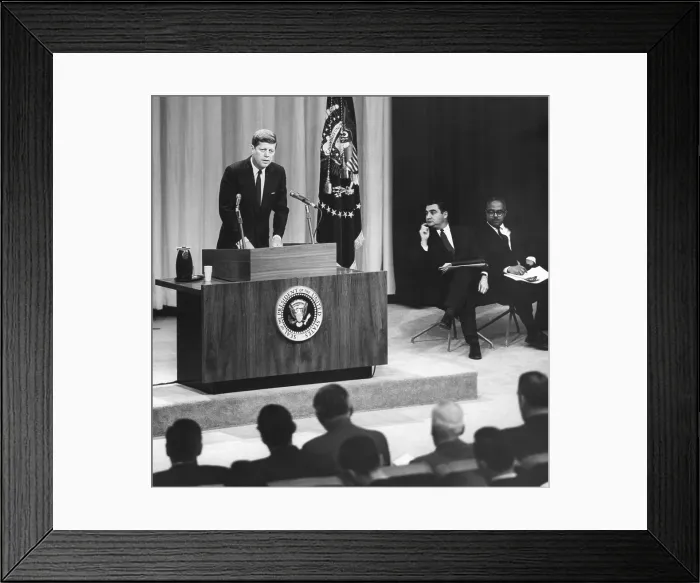 Framed Print : John Kennedy's first press conference as President. At right are Press Secretary Pierre Salinger; Associate Press Secretary Andrew Hatcher. Jan. 27, 1961. - (BSLOC_2015_1_151)