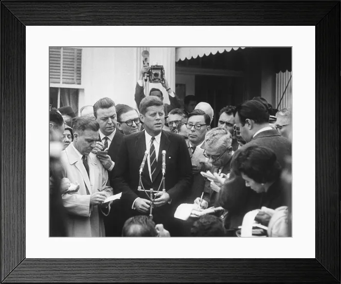 Framed Print : President-elect John Kennedy speaks to reporters outside the White House after his meeting with President Dwight Eisenhower. Dec. 12, 1960. - (BSLOC_2015_1_152)